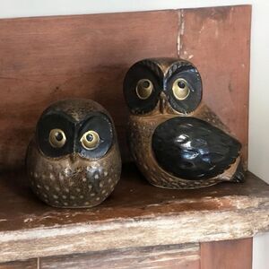 Vintage Otagiri Manufacturing Co.Japan Stoneware Pottery Owl Figurine Set